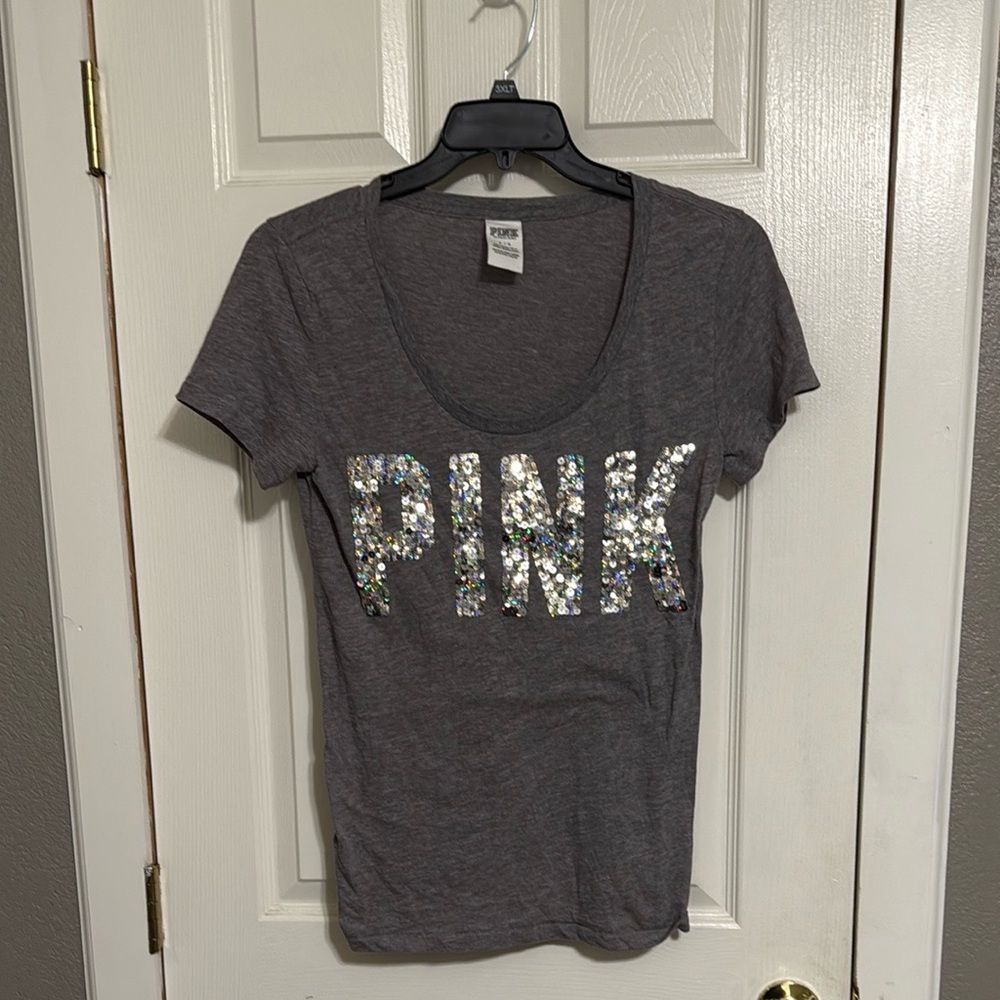 Pink VS sz L Gray T-Shirt with Sequin 'PINK' Logo